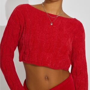 Garage Cropped Cable Crewneck Sweater Red